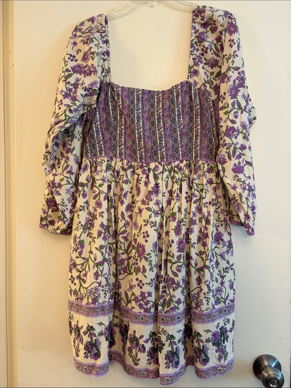 Japna Women’s Cream and‎ Purple Floral Smocked Long Sleeve Boho Dress, size L